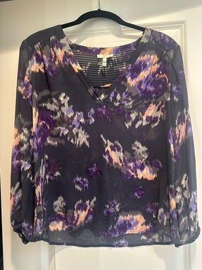 Joie Black & Purple Abstract Print V-Neck Blouse